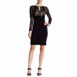 Carmen Marc Valvo Long Sleeve Lace Embellished Black Sheath Dress Size 10